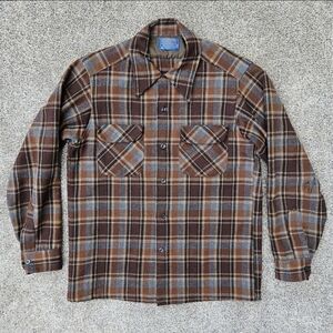 Vintage 1960s Pendleton Board Shirt Brown Plaid Wool Button Down Shirt Men's Med